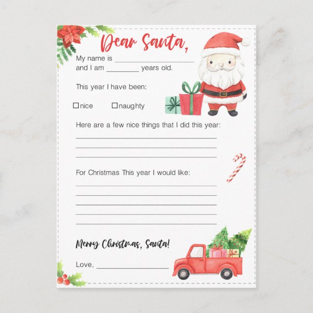 Festive Christmas dear Santa letter  Holiday Postcard (Front)