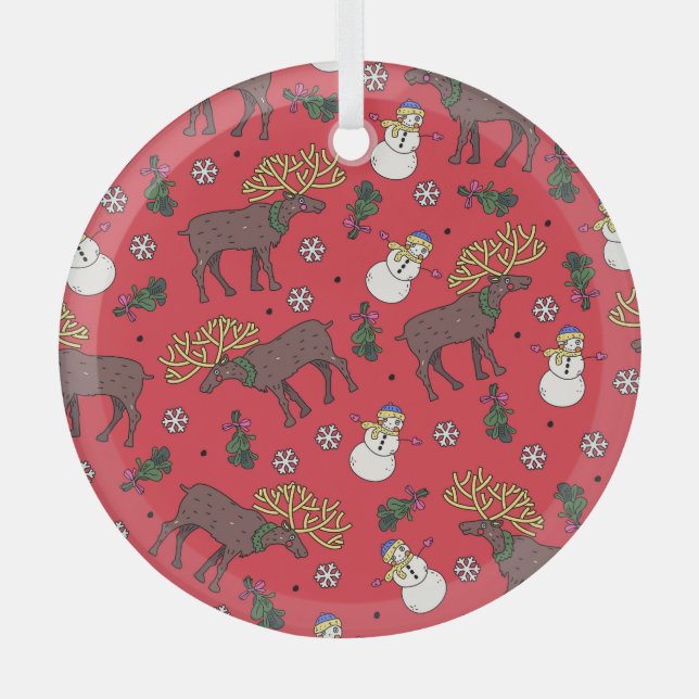 Festive Christmas Deer: Snowman Pattern Glass Ornament (Front)