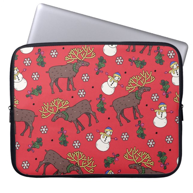Festive Christmas Deer: Snowman Pattern Laptop Sleeve (Front)
