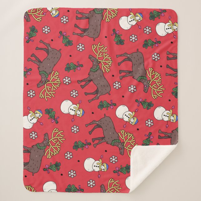 Festive Christmas Deer: Snowman Pattern Sherpa Blanket (Front)
