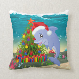 Festive Christmas dolphin seaweed tree Throw Pillow