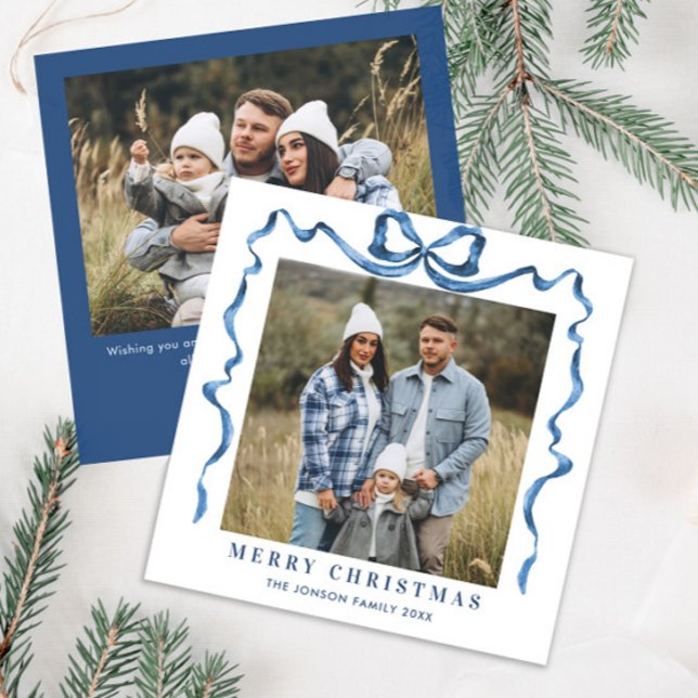 Festive Christmas Dusty Blue Bow Ribbon 2 Photo Holiday Card (Creator Uploaded)
