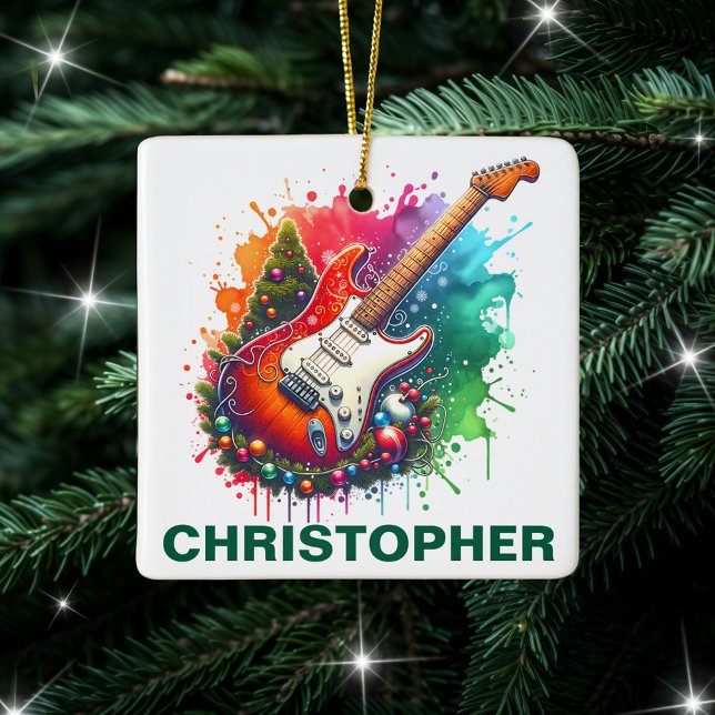Festive Christmas Electric Guitar Custom Name Ceramic Ornament (Creator Uploaded)