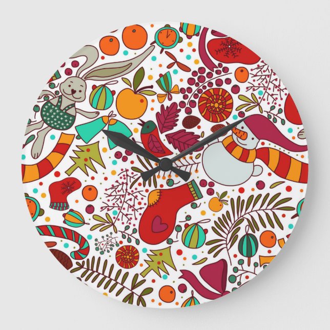 Festive Christmas Elements Seamless Design Large Clock (Front)