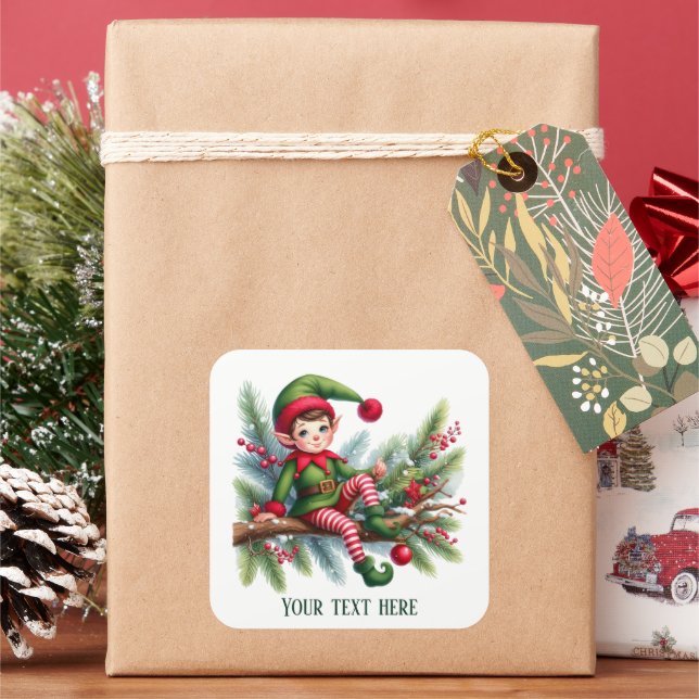 Festive Christmas elf add text Square Sticker (Holiday)