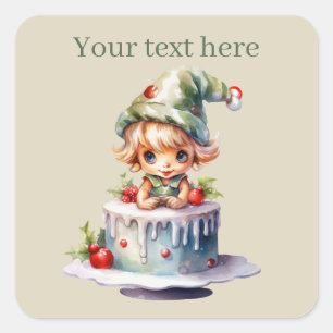 festive Christmas Elf cake add text Square Sticker