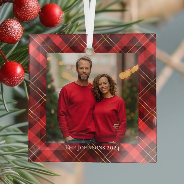 Festive Christmas Family Photo Red Plaid Tartan Glass Ornament (Creator Uploaded)