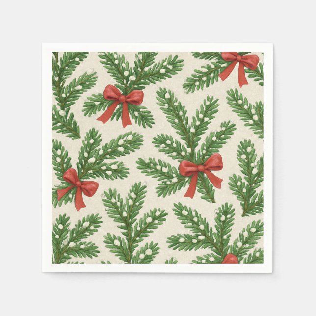 Festive Christmas fir branch and red ribbon Napkin (Front)