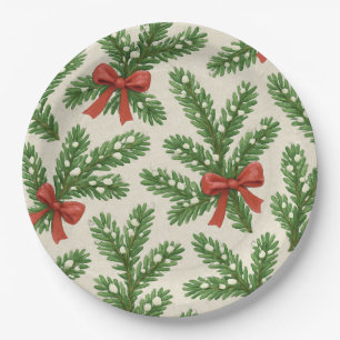 Festive Christmas fir branch and red ribbon Paper Plate