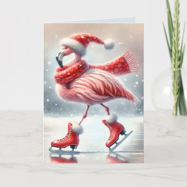 Festive Christmas Flamingo Ice Skating Card (Front)