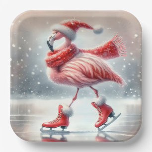 Festive Christmas Flamingo Ice Skating Paper Plate