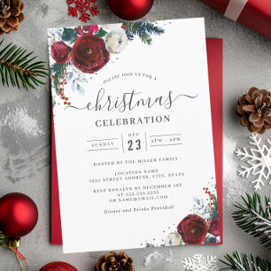 Festive Christmas Floral Red Silver Party  Invitation
