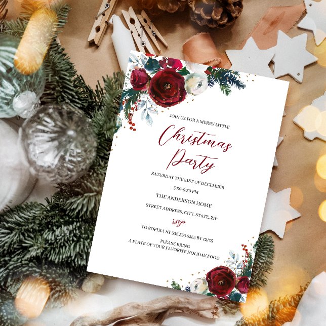 Festive Christmas Floral Red White Party  Invitation (Creator Uploaded)