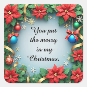 Festive Christmas Frame with Poinsettias Square Sticker