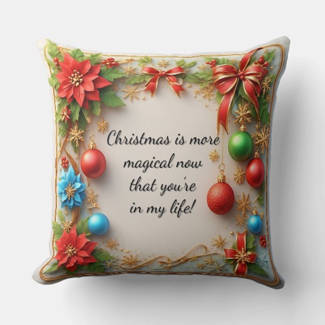 Festive Christmas Frame with Poinsettias Throw Pillow (Front)