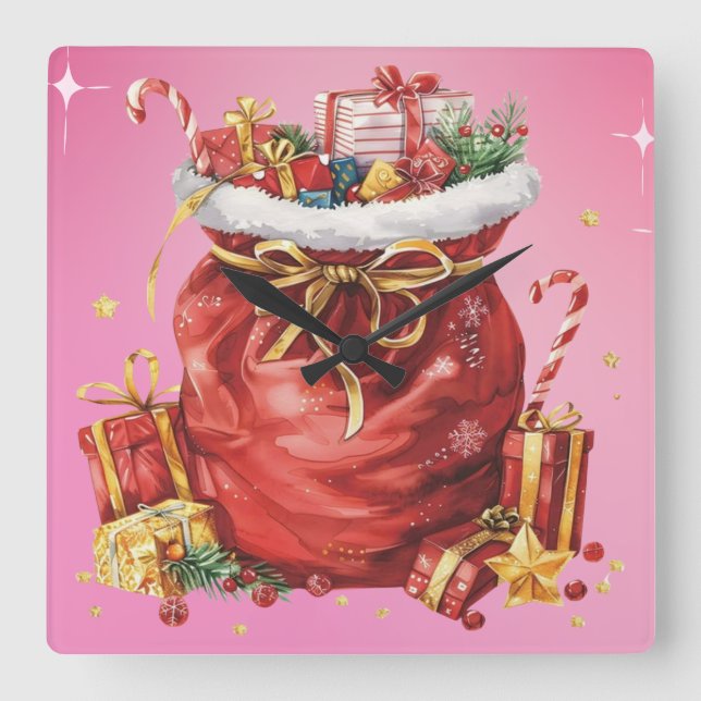 Festive Christmas Gift Sack with Presents Square Wall Clock (Front)