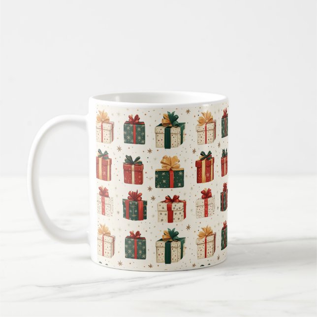 Festive Christmas Gift Wrap Design Pattern Coffee Mug (Left)
