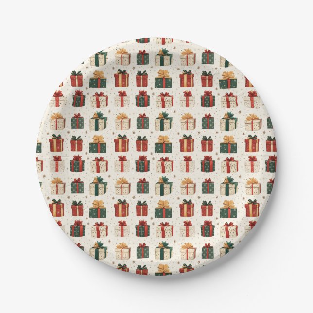 Festive Christmas Gift Wrap Design Pattern Paper Plate (Front)
