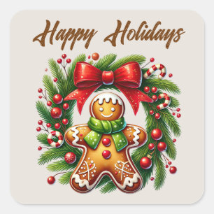 Festive Christmas Gingerbread Happy Holidays Square Sticker