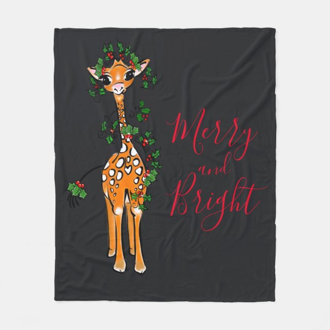 Festive Christmas Giraffe, red green garland Fleece Blanket (Front)