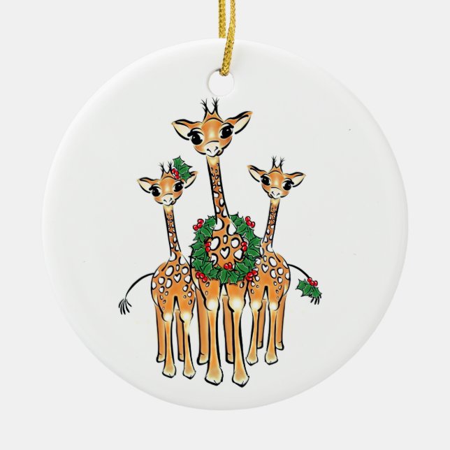 Festive Christmas Giraffe, red green wreath Ceramic Ornament (Front)