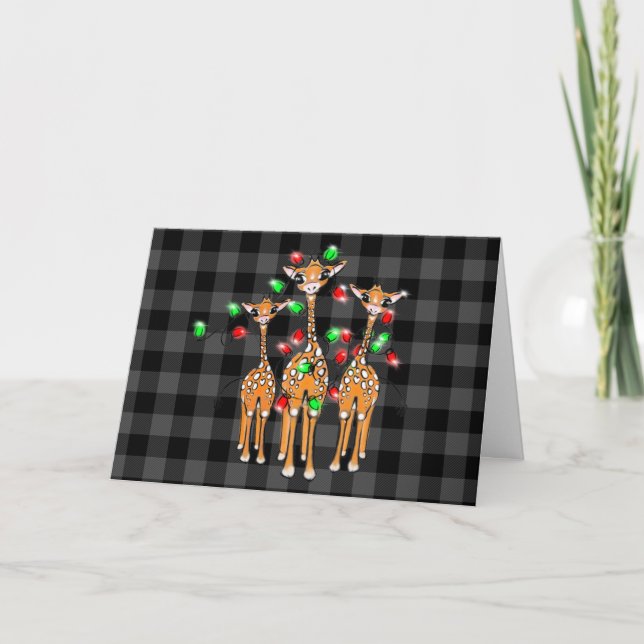 Festive Christmas Giraffes, red green lights Holiday Card (Front)