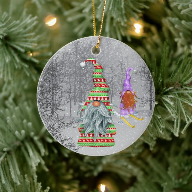 festive Christmas gnome add sentiment Ceramic Ornament (Tree)