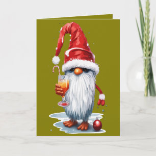 Festive Christmas Gnome Gonk Holding A Glass Holiday Card
