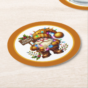 Festive Christmas gnome Holiday dinner party Round Paper Coaster
