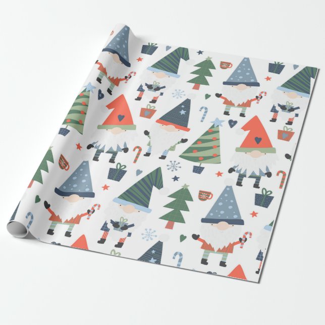 Festive Christmas Gnomes Trees Candy Canes Wrapping Paper (Unrolled)