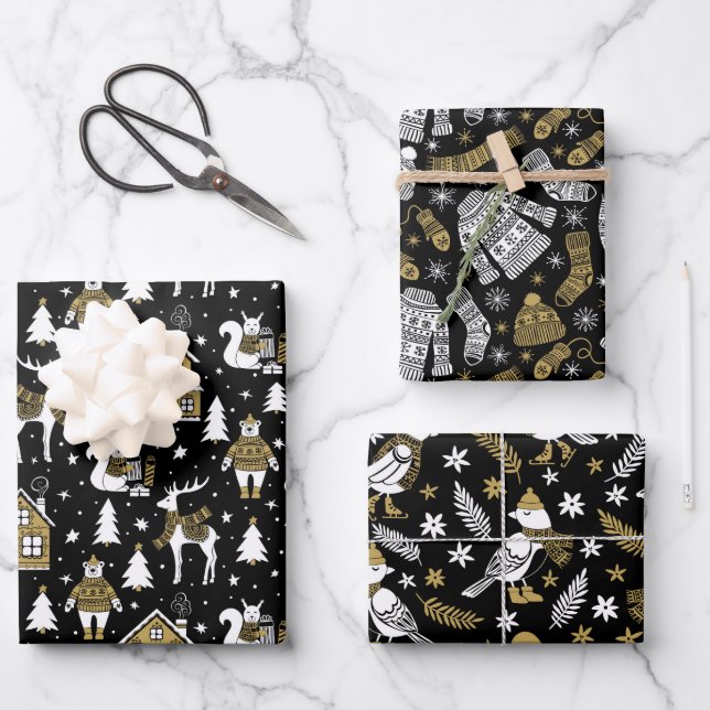Festive Christmas gold black white Wrapping Paper Sheet (Front)