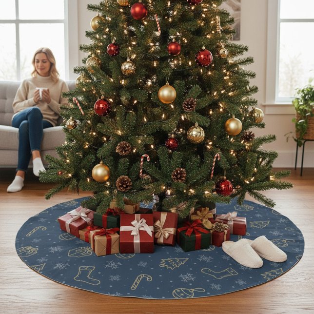 Festive Christmas Gold Blue Candy Cane Gifts Tree Brushed Polyester Tree Skirt (Creator Uploaded)