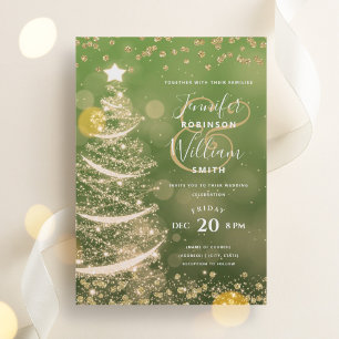 Festive Christmas Gold Green Wedding Sparkle Tree Invitation