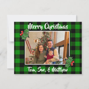 Festive Christmas green black plaid holly leaves Card