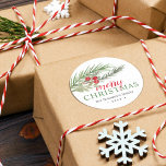 Festive Christmas Greenery Classic Round Sticker<br><div class="desc">Festive watercolor greenery with red berries Christmas sticker.</div>