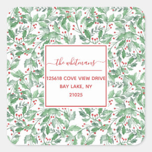 Festive Christmas Greenery Personalized Address Square Sticker