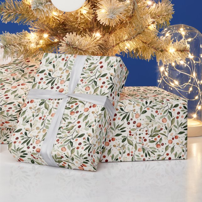 Festive Christmas Greenery Red Berries Wrapping Paper (Holidays)