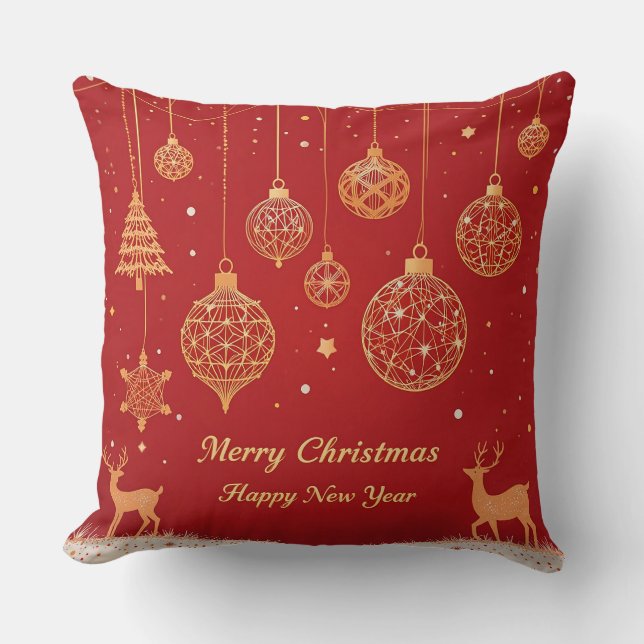 Festive Christmas Greeting Card with Decorations Throw Pillow (Front)