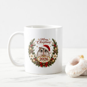 Festive Christmas Hamster in Santa Hat with 2026 Coffee Mug