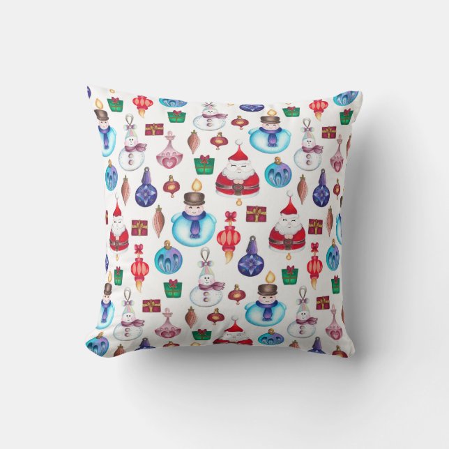 Festive Christmas Hand-Illustrated Holiday Pattern Throw Pillow (Front)
