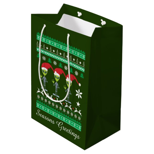 Festive Christmas Holiday aliens Medium Gift Bag (Back Angled)