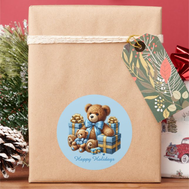 Festive Christmas Holiday customizable teddy bear Classic Round Sticker (Holiday)
