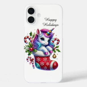 Festive Christmas Holiday customizable unicorn iPhone 16 Plus Case