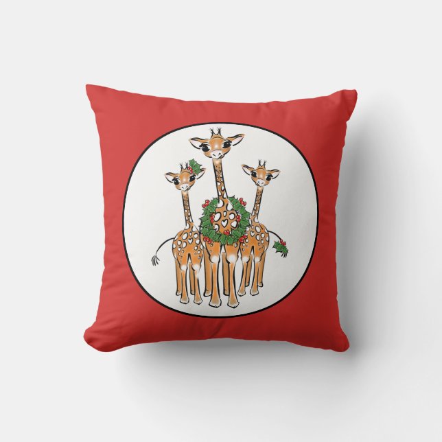 Festive Christmas Holiday  Giraffes, wreath  Throw Pillow (Front)