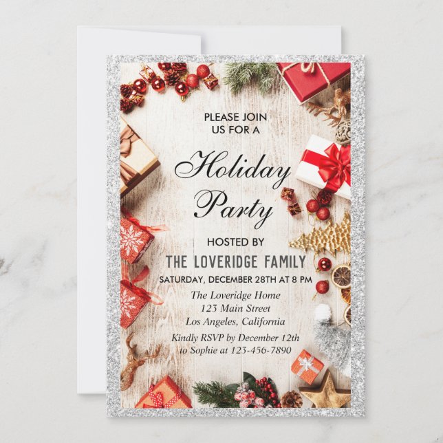 Festive Christmas Holiday Party Silver Glitter Invitation (Front)