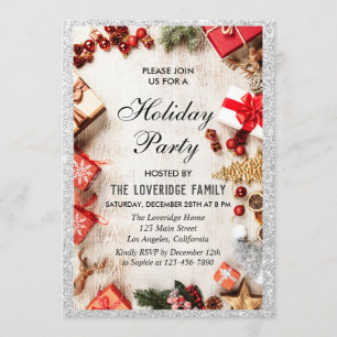 Festive Christmas Holiday Party Silver Glitter Invitation