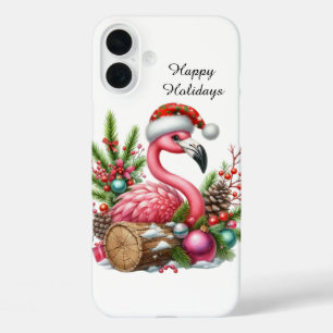 Festive Christmas Holiday pink flamingo  iPhone 16 Plus Case