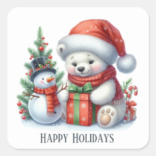 Festive Christmas Holiday polar bear add text  Square Sticker