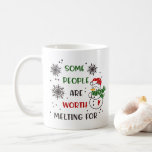 Festive Christmas Holiday Snowman Mug<br><div class="desc">Fun and Festive!  Christmas holiday mug features the Quote: Some People Are Worth Melting For in a modern photography with snowflakes and snowman adorned.  Message can be customized along with name of choice.  Great gift idea for the Christmas Season.</div>