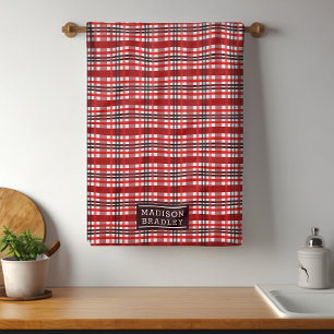Festive Christmas Holiday Tartan Personalized Name Kitchen Towel